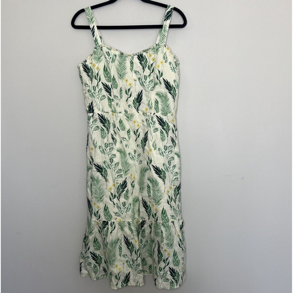 C&C California Dress Women's 8 Green Ivory Linen Floral Boho Beach Tropical NWT